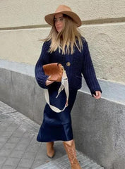 Navy Blue Knitted Cardigan - Vintage Casual Charm