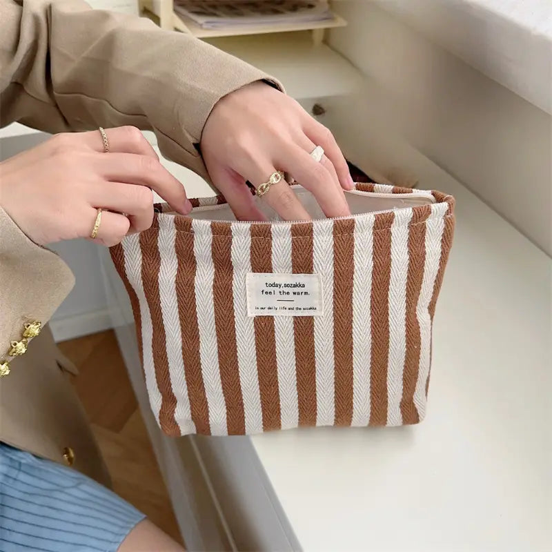 Olive | Striped Cosmetic Makeup Travel Bag 3