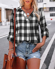 ERIN | V-neck Checked Long Sleeve Blouse-3