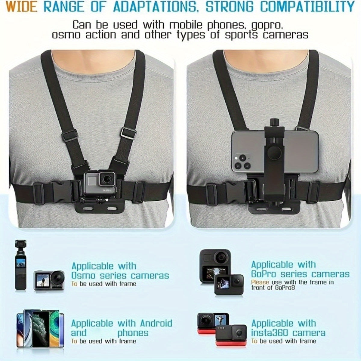 Adjustable vertical belt for comfortable filming and photography-safe telephone holder for smartphones and action cameras 3