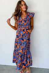 Chic Boho Floral Ruffle Dress with V-Neckline-3