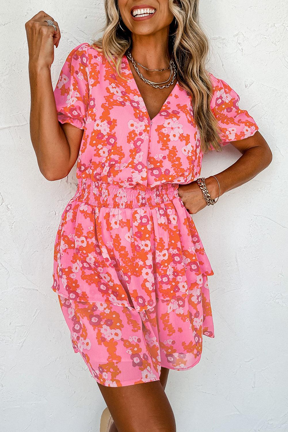 Chic Pink V-Neck Dress with Playful Short Ruffles-1