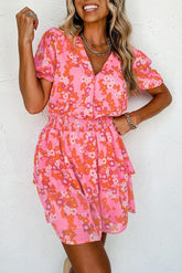 Chic Pink V-Neck Dress with Playful Short Ruffles-1