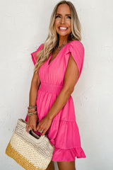 Chic Ruffled V-Neck Smock Dress with Elegant Pleated Sleeves-4