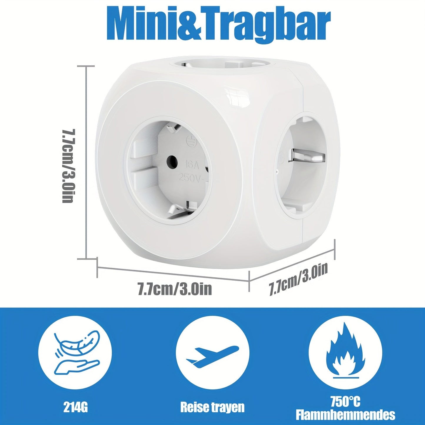 Compact portable power plug -in cubes with 5 electrical connections - light and safe for home, office and travel 3