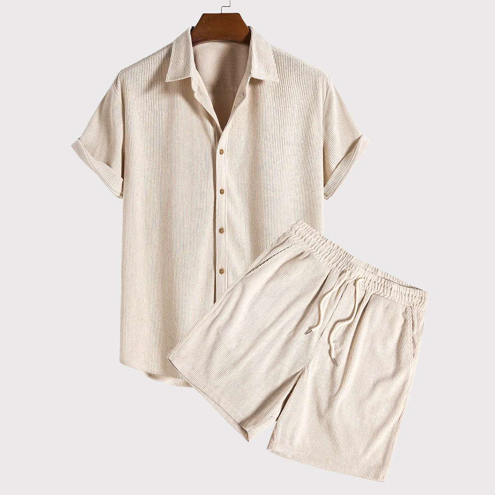 Men’s Short-Sleeve Button-Up Shirt & Drawstring Shorts – Lightweight Breathable Set-1