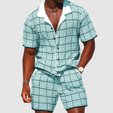 Men's Two-Piece Outfit - Short-Sleeve Button-Up Shirt & Shorts - Checkered Casual Fit-1