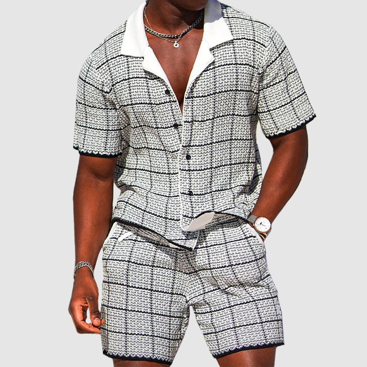 Men's Two-Piece Outfit - Short-Sleeve Button-Up Shirt & Shorts - Checkered Casual Fit-3
