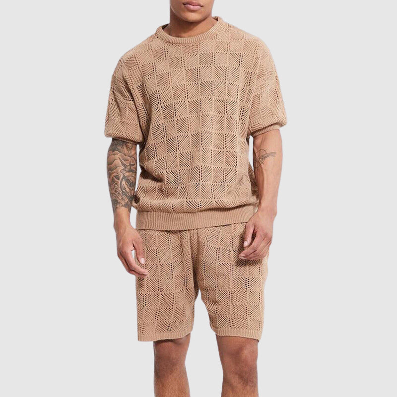 Men’s Knitted Set - Breathable Short-Sleeve Top & Shorts - Geometric Texture Casual Wear-2