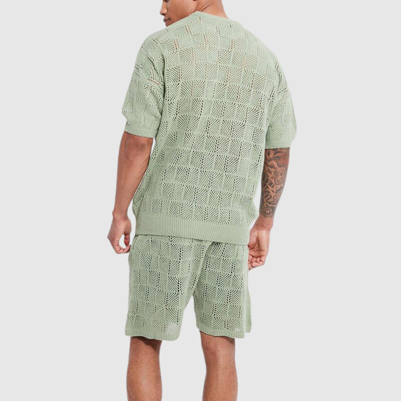Men’s Knitted Set - Breathable Short-Sleeve Top & Shorts - Geometric Texture Casual Wear-3