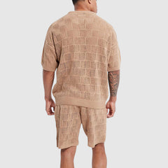 Men’s Knitted Set - Breathable Short-Sleeve Top & Shorts - Geometric Texture Casual Wear-4