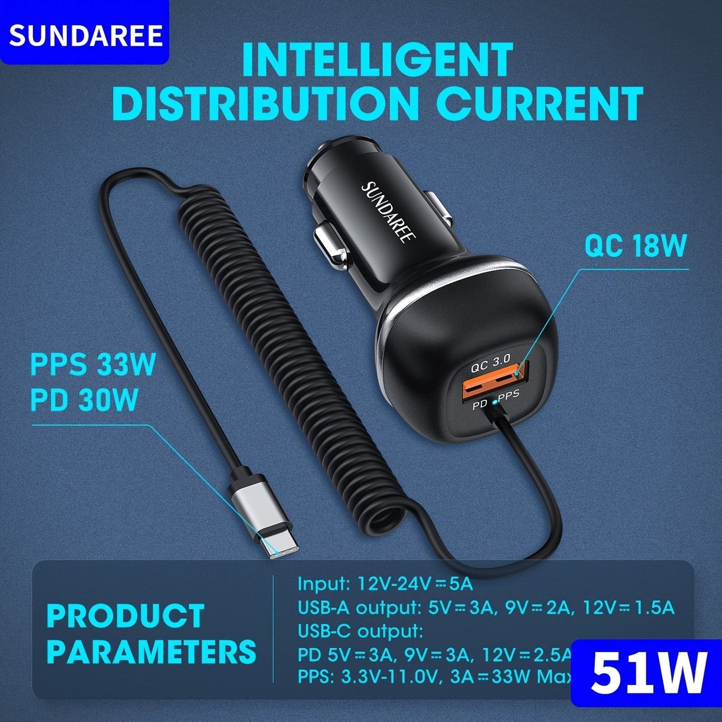Fast USB-C car charger with 51-W current, 3 ports and QC 3.0 technology for several device charges 2