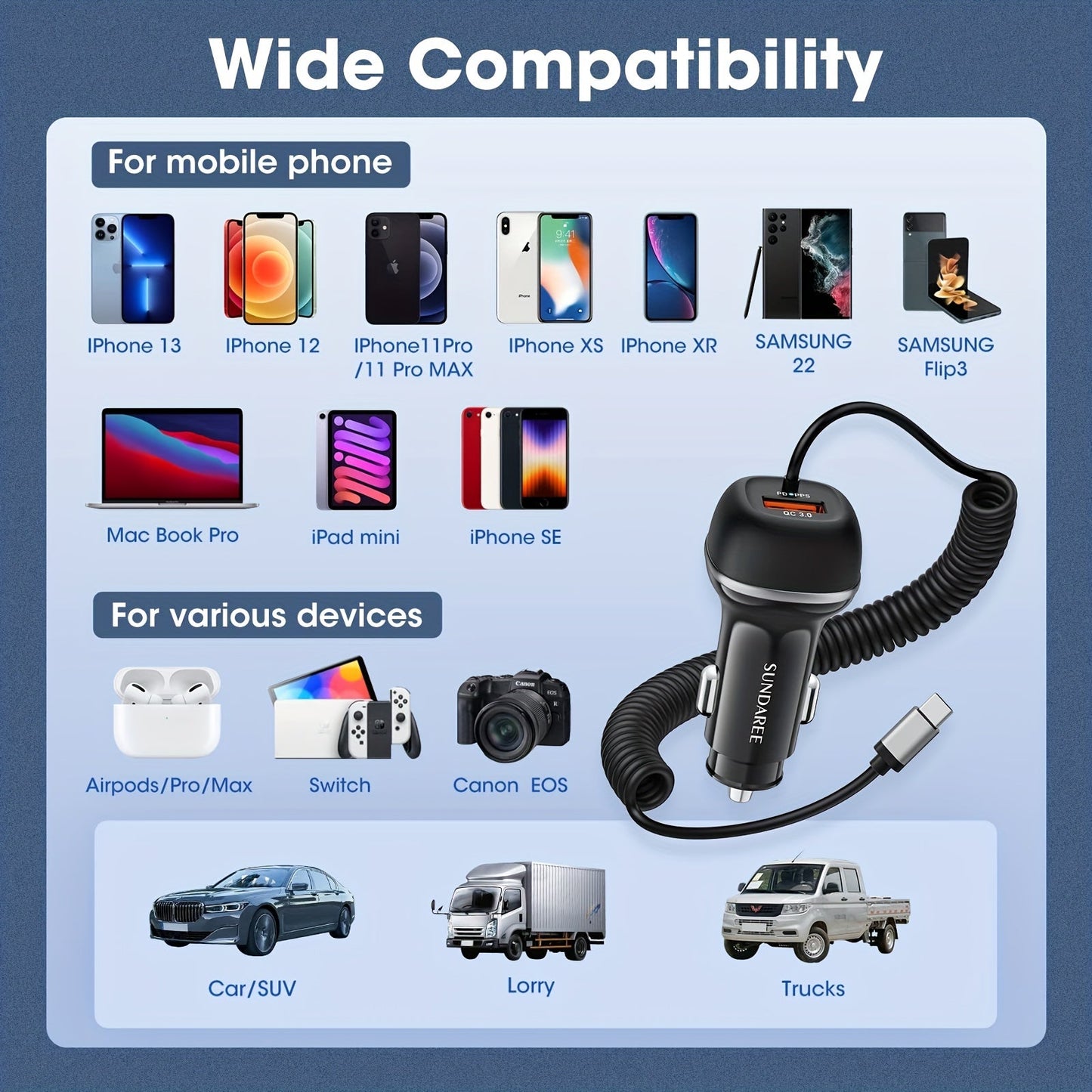 Fast USB-C car charger with 51-W current, 3 ports and QC 3.0 technology for several device charges 3