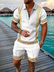 Men’s Two-Piece Set - Textured Short-Sleeve Zip Polo & Matching Shorts - Casual Wear-2