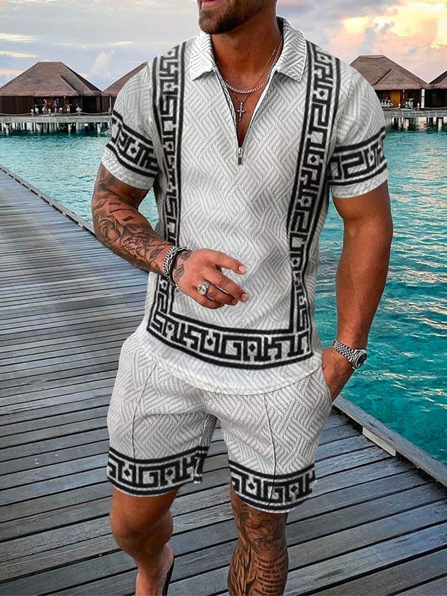 Men’s Two-Piece Set - Textured Short-Sleeve Zip Polo & Matching Shorts - Casual Wear-3