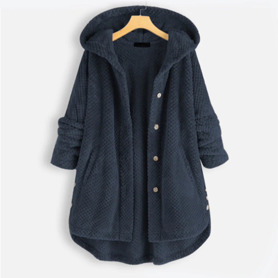 Ladies long winter button down jacket | Hood 0