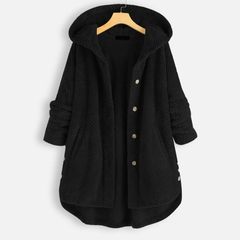 Ladies long winter button down jacket | Hood 1
