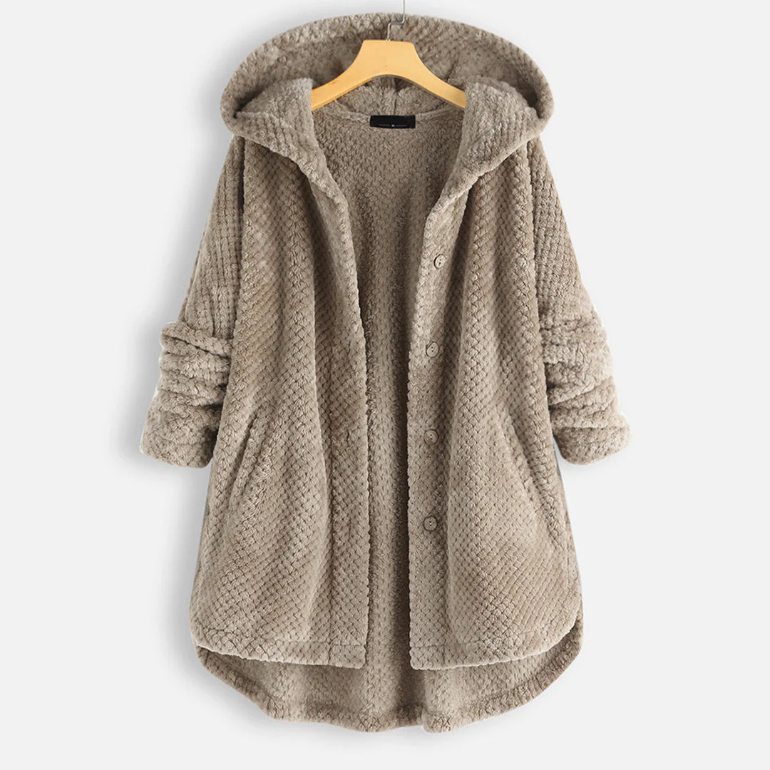 Ladies long winter button down jacket | Hood 2