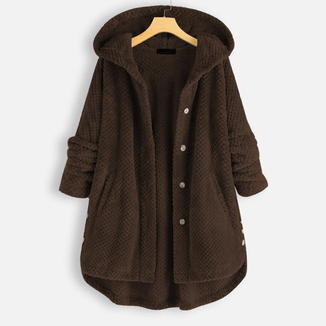 Ladies long winter button down jacket | Hood 3