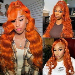 Long Wavy Orange Ginger Red Lace Front Wig 3