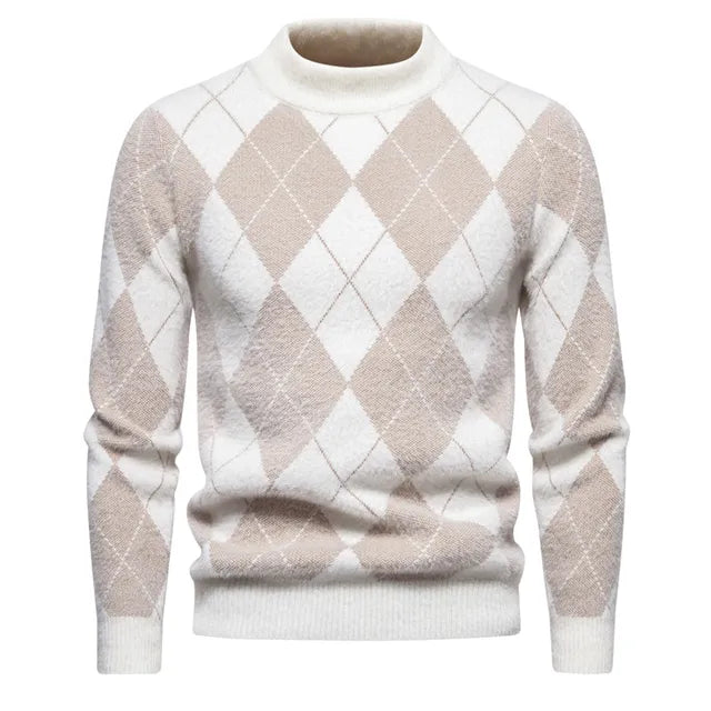 Men’s Argyle Sweater - Crew Neck - Knitted - Long Sleeve - Classic Pattern 0