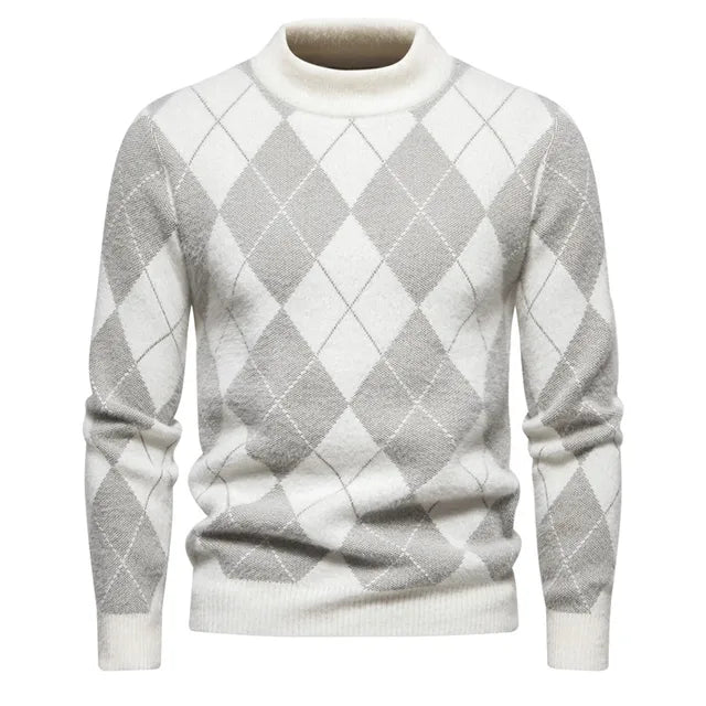 Men’s Argyle Sweater - Crew Neck - Knitted - Long Sleeve - Classic Pattern 1