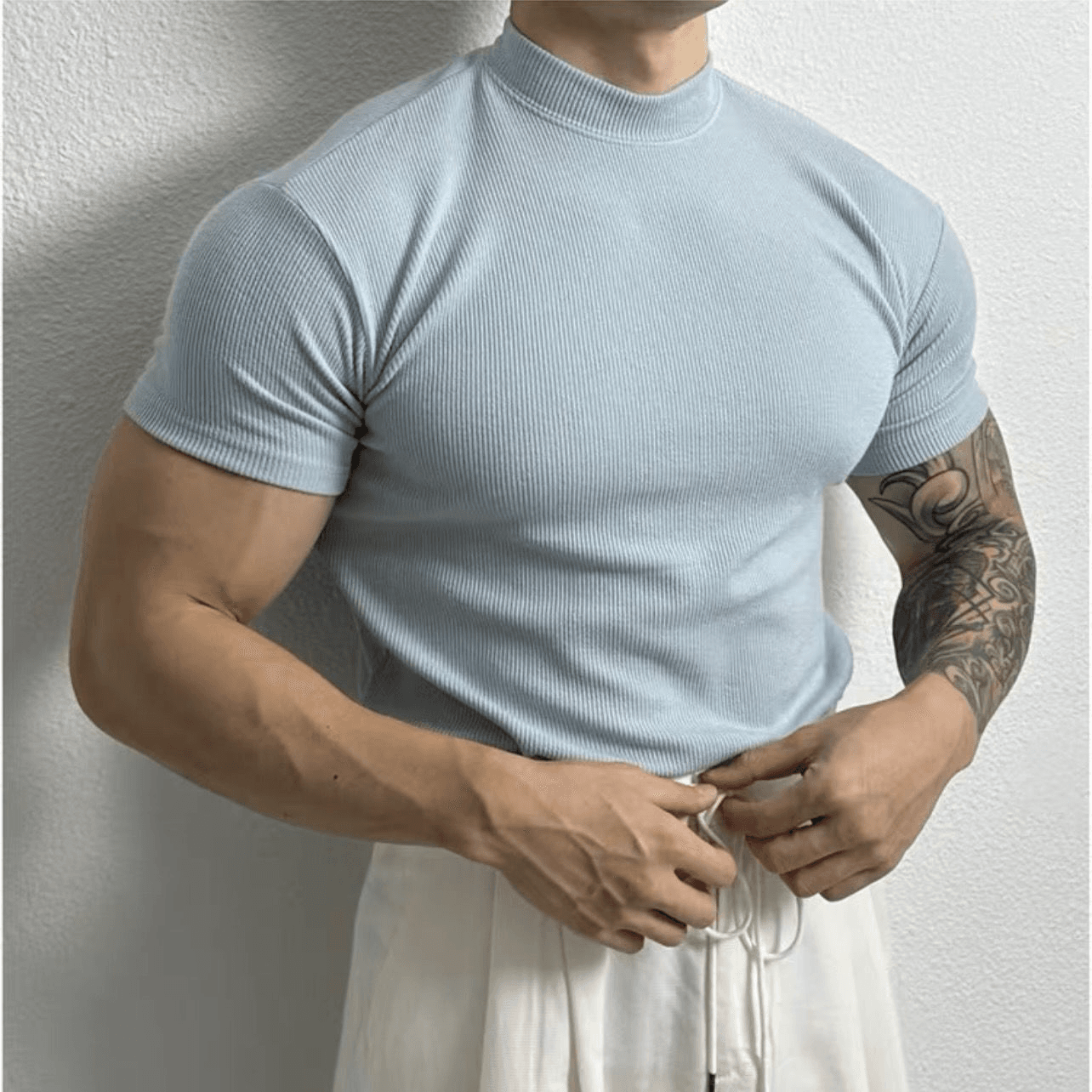 Men’s Fitted Ribbed Knit Top - Short Sleeve - Mock Neck - Breathable Stretch Fabric 0