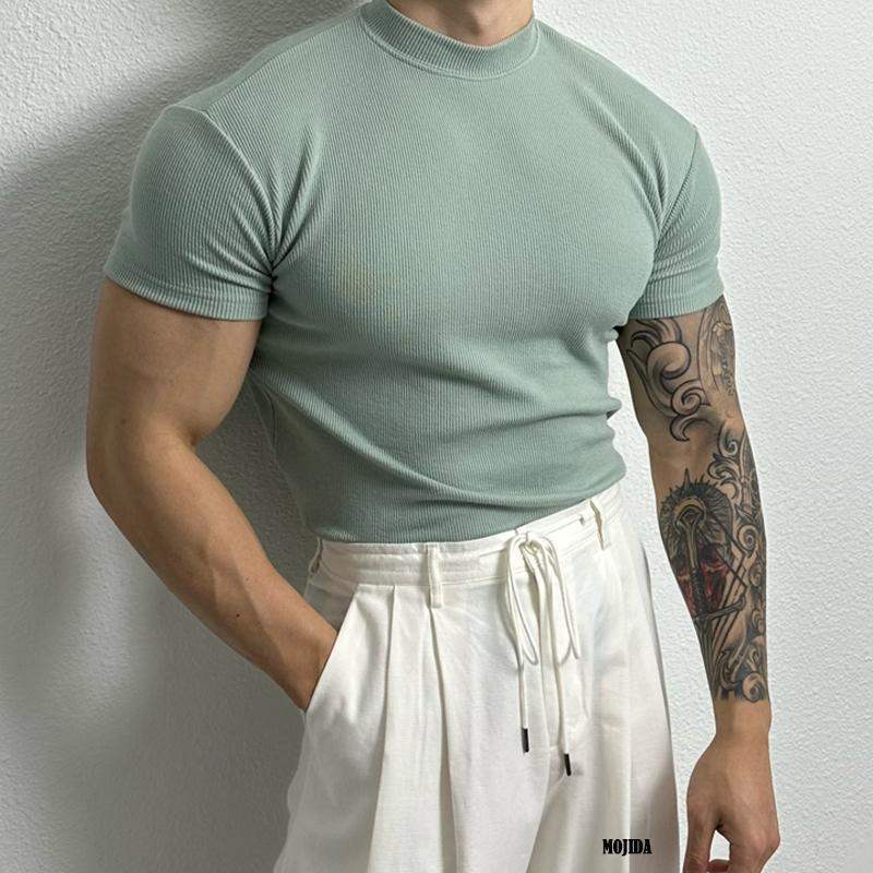 Men’s Fitted Ribbed Knit Top - Short Sleeve - Mock Neck - Breathable Stretch Fabric 4