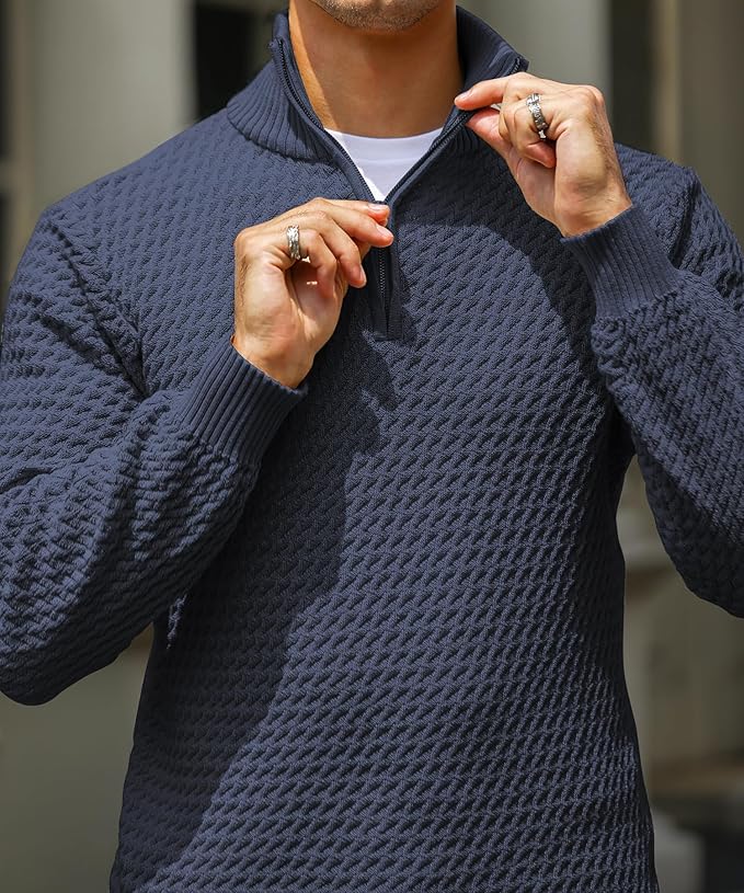 Men’s Half Zip Sweater – Textured Knit – Tailored Fit – Ribbed Trim – Soft Feel 3