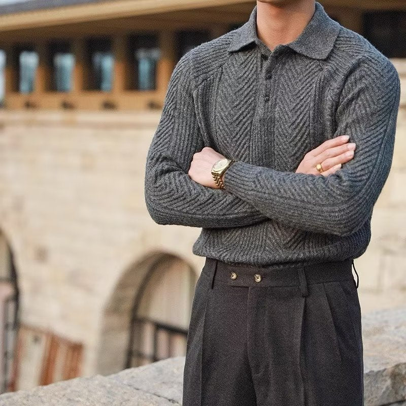 Men’s Knit Sweater – Slim Fit – Polo Collar – Cable Knit – Soft Stretch Fabric 1