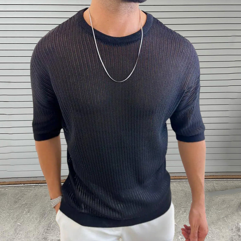 Men’s Knit Top – Slim Fit – Lightweight Semi-Sheer – Ribbed Texture – Crew Neck – Short Sleeve 1