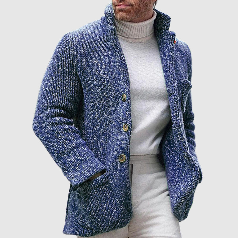 Men’s Knitted Cardigan - Chunky Texture - Stand-Up Collar - Button-Up Front 0