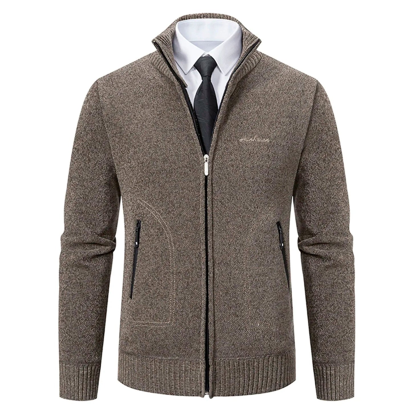 Men’s Knitted Cardigan - Wool Blend - Zip-Up High Neck - Tailored Fit - Ribbed Cuffs 3