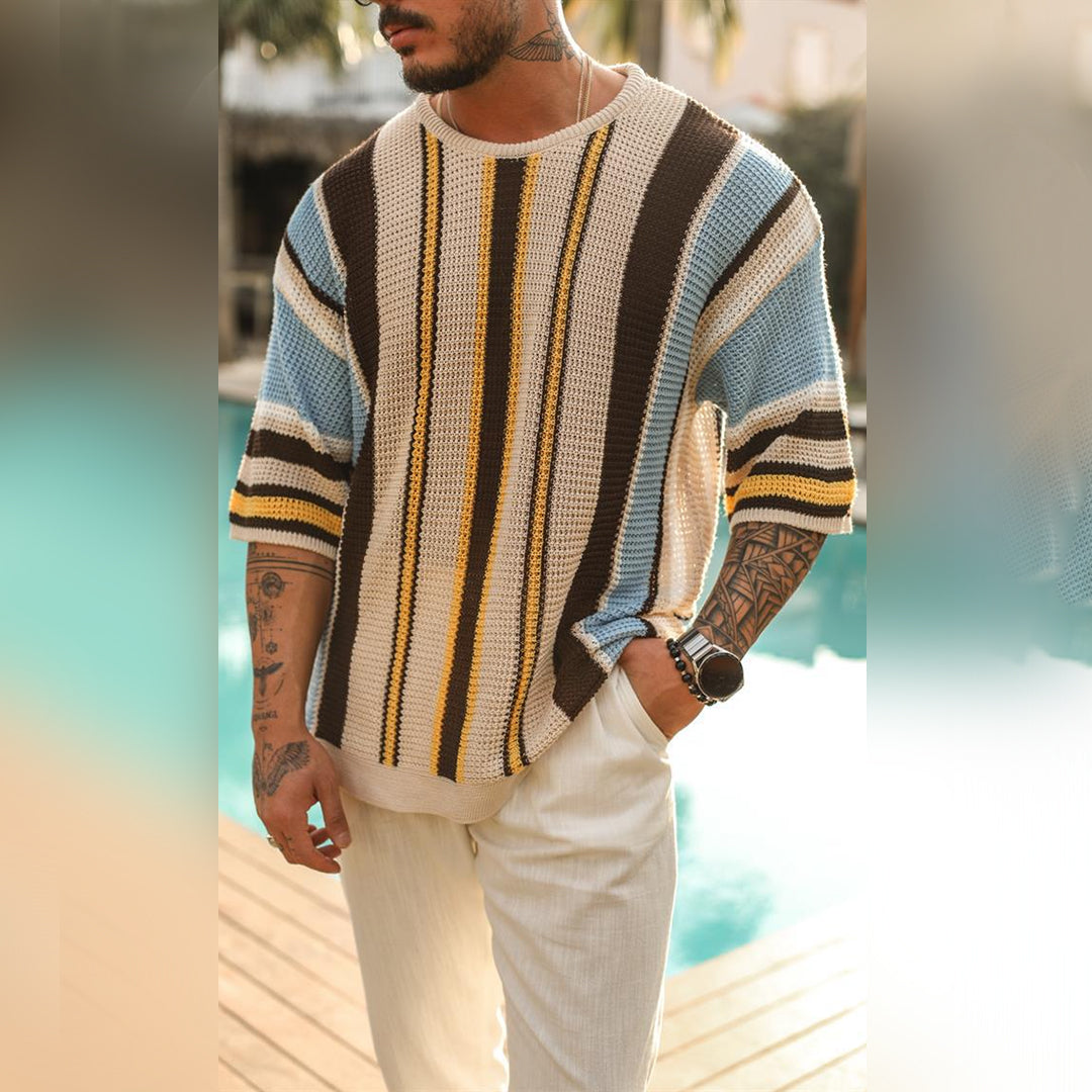 Men’s Knitted Sweater - Short Sleeve - Striped Pattern - Casual Comfortable Fit 1