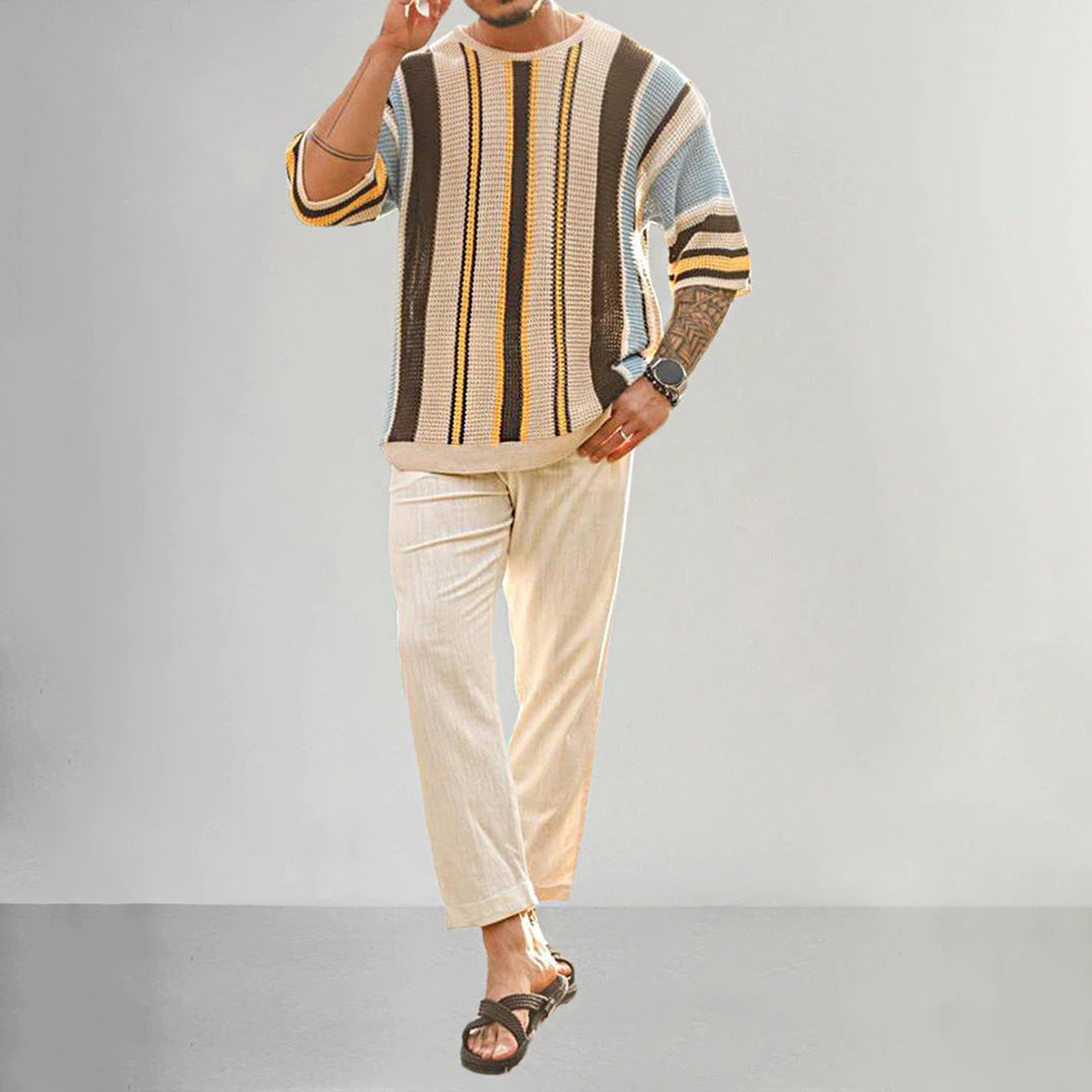 Men’s Knitted Sweater - Short Sleeve - Striped Pattern - Casual Comfortable Fit 2