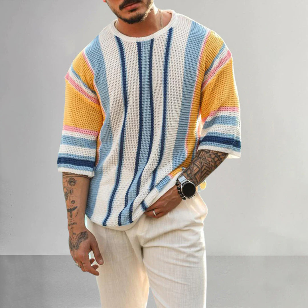 Men’s Knitted Sweater - Short Sleeve - Striped Pattern - Casual Comfortable Fit 3