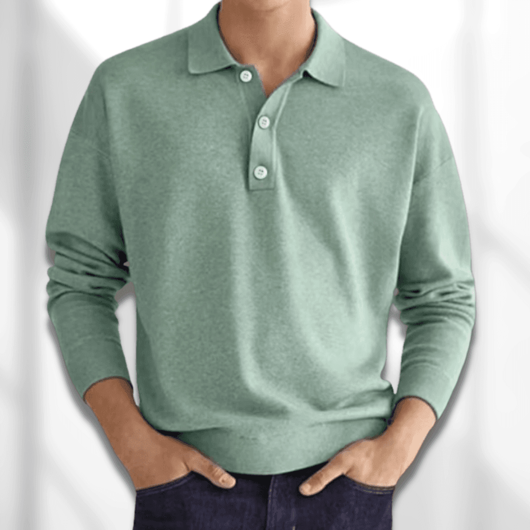 Men’s Polo Sweater - Knitted Texture - Long Sleeve - Classic 3-Button Collar 3