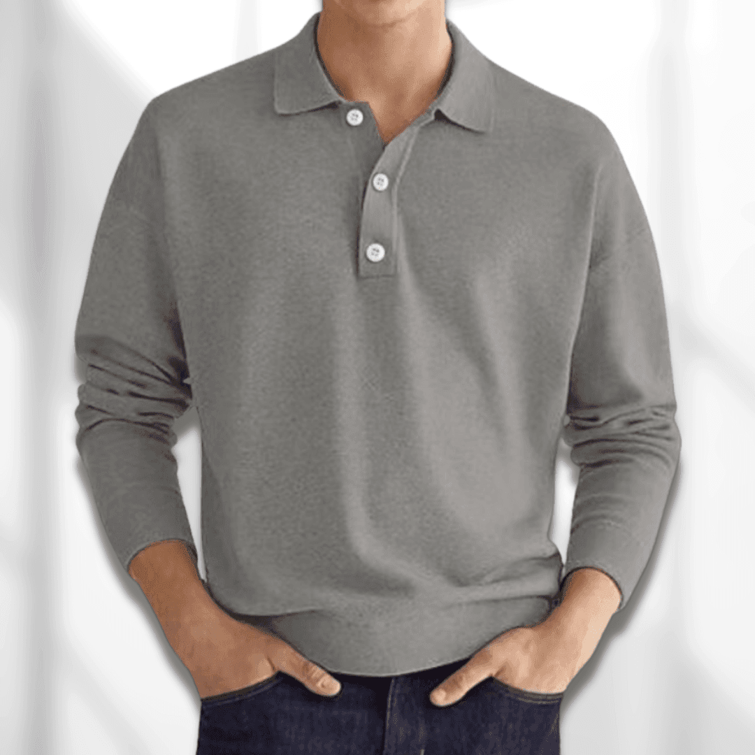 Men’s Polo Sweater - Knitted Texture - Long Sleeve - Classic 3-Button Collar 4