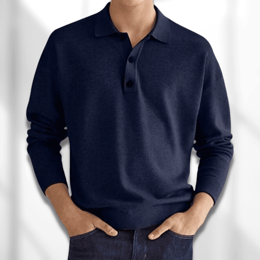 Men’s Polo Sweater - Knitted Texture - Long Sleeve - Classic 3-Button Collar 5