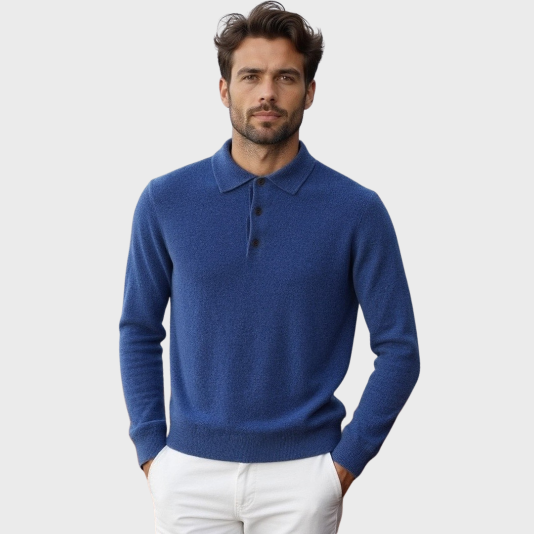 Men’s Polo Sweater – Merino Wool – Standard Fit – Button Placket – Ribbed Trim 1