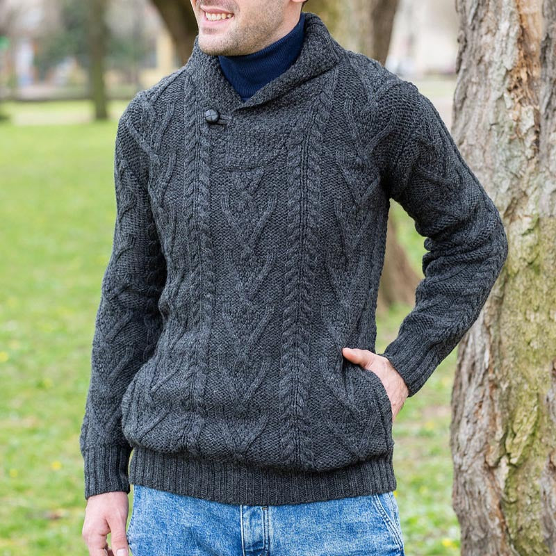 Men’s Pullover Sweater – Wool Blend – Relaxed Fit – Cable Knit – Shawl Collar 2