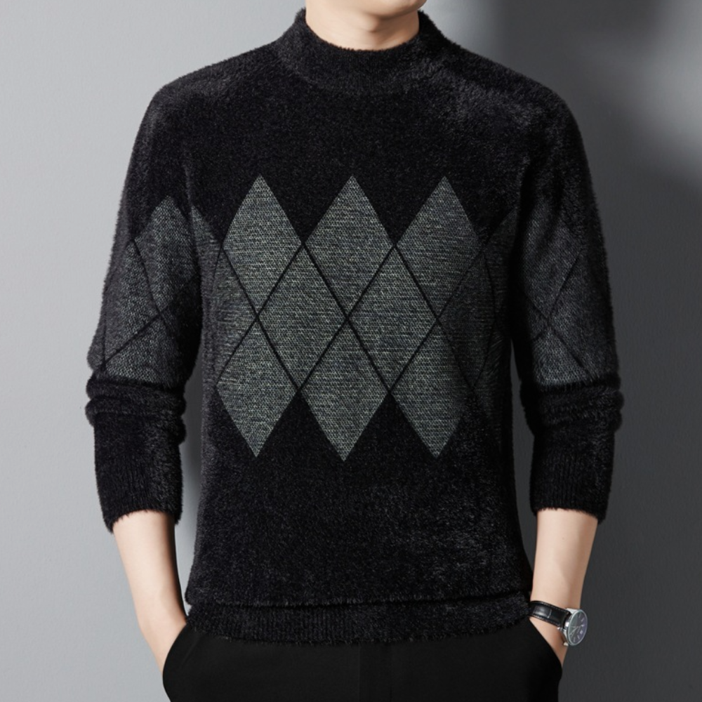 Men’s Sweater - Mock Neck - Argyle Pattern - Long Sleeve Soft Knit Casual Wear 1