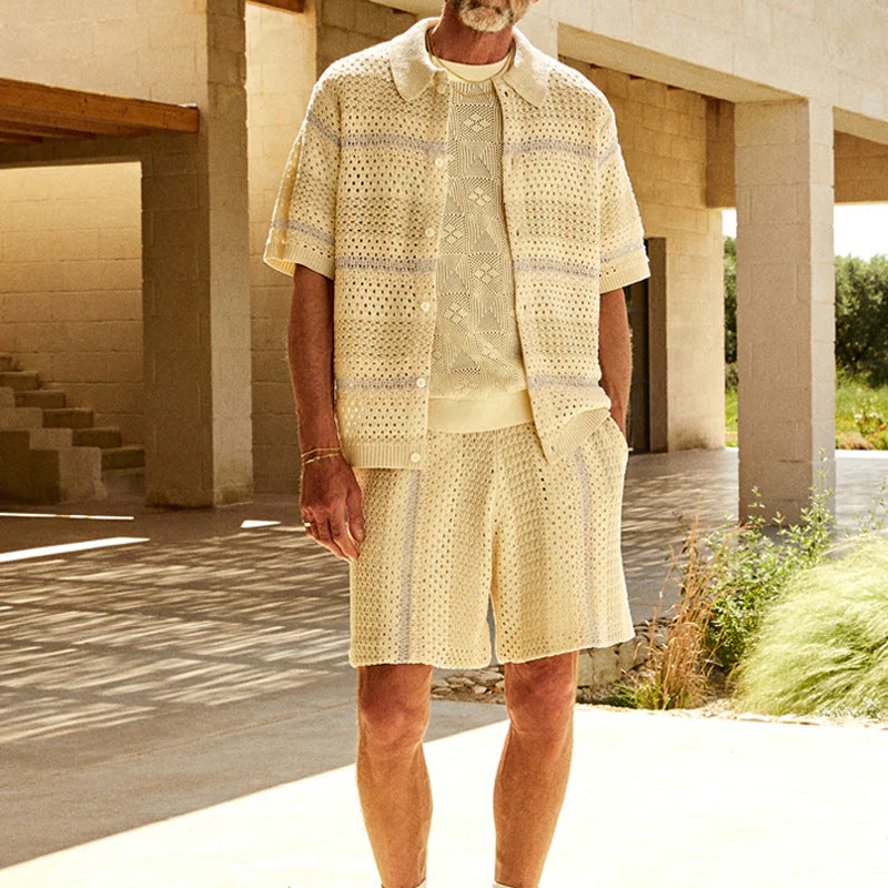 Men’s Cardigan and Shorts Set – Relaxed Fit – Open Knit – Breathable Casual Wear-2