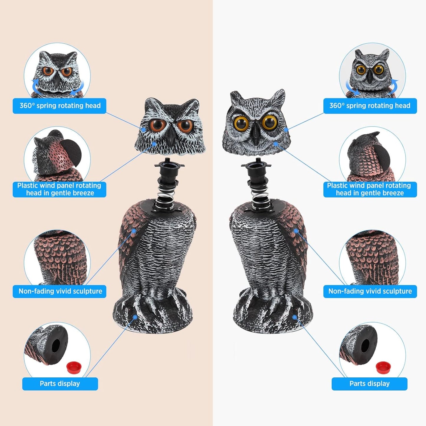 Realistic 2-Pack Owl Decoy with Rotating Head – Outdoor Bird & Pest Repellent 6