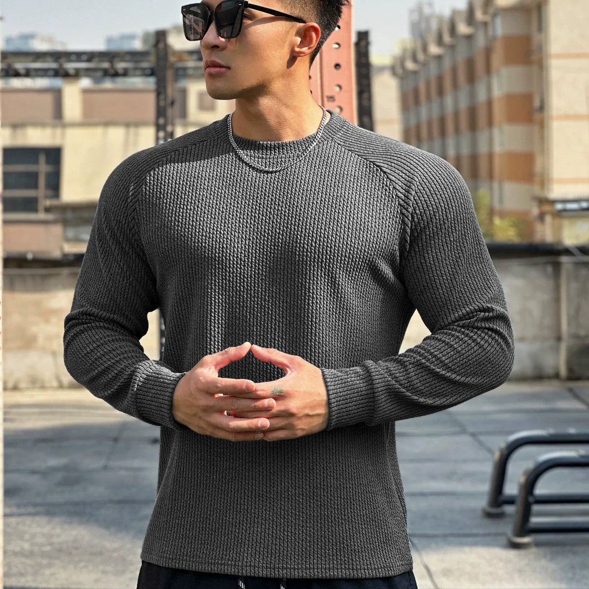 Ribbed knit crewneck sweater for men 2