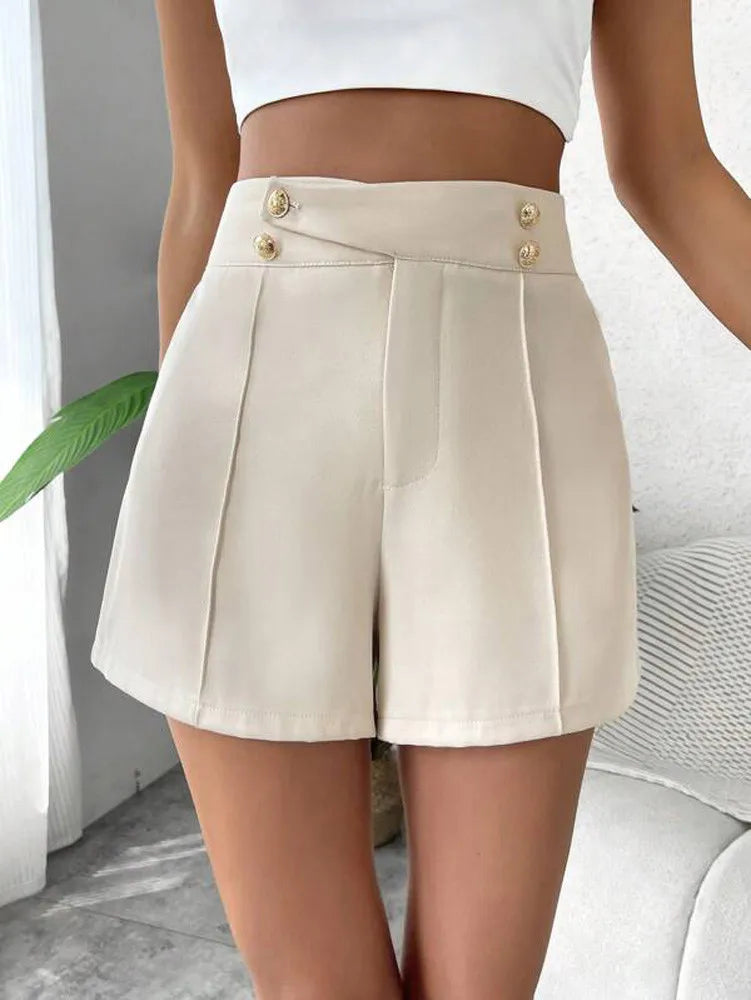 CLAIRE | Vintage High Waist Gold Button Elegant Shorts-6