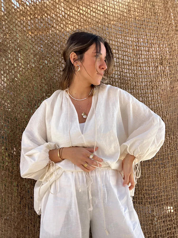 ZARA | Elegant V-Neck Shirt And Ruffle Shorts Set-5