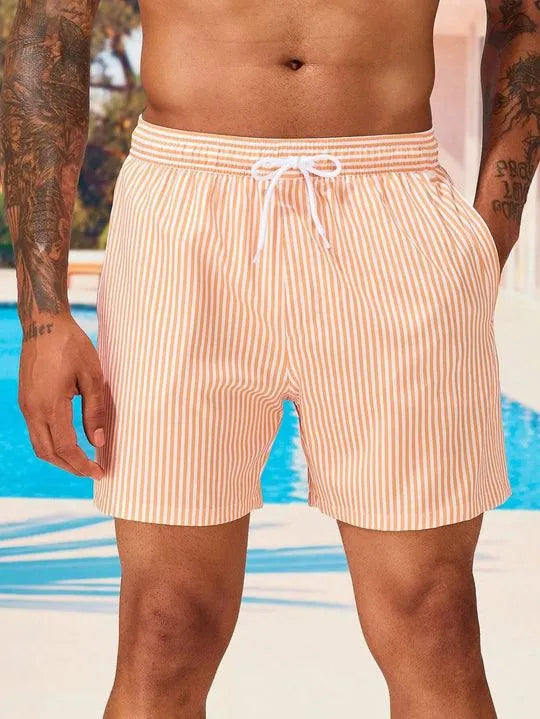 Men’s Swim Trunks - Striped Pattern - Elastic Waistband with Drawstring - Quick-Dry-1