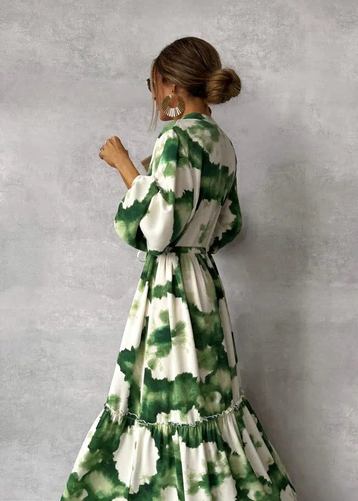 Elna | Green Maxi Dress – Long Sleeves & V-Neck for Effortless Sophistication-3