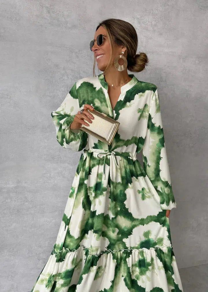 Elna | Green Maxi Dress – Long Sleeves & V-Neck for Effortless Sophistication-2